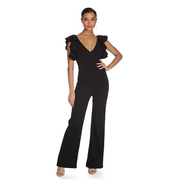 Windsor Black Ruffle Shoulder Long Pant Jumpsuit - Picture 1 of 7